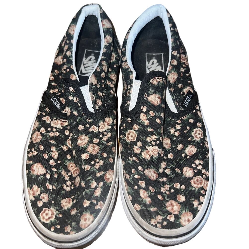 Vans Sneaker Shoes Girls 3 Black Floral Slip ons Casual Basic (AA)